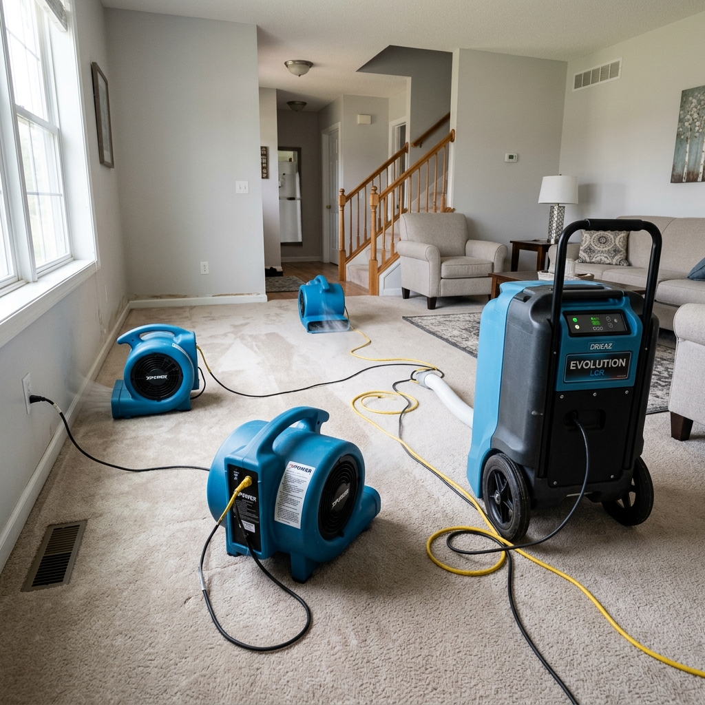Dri-Eaz LGR dehumidifier and air movers drying a home after water damage in Wilmington