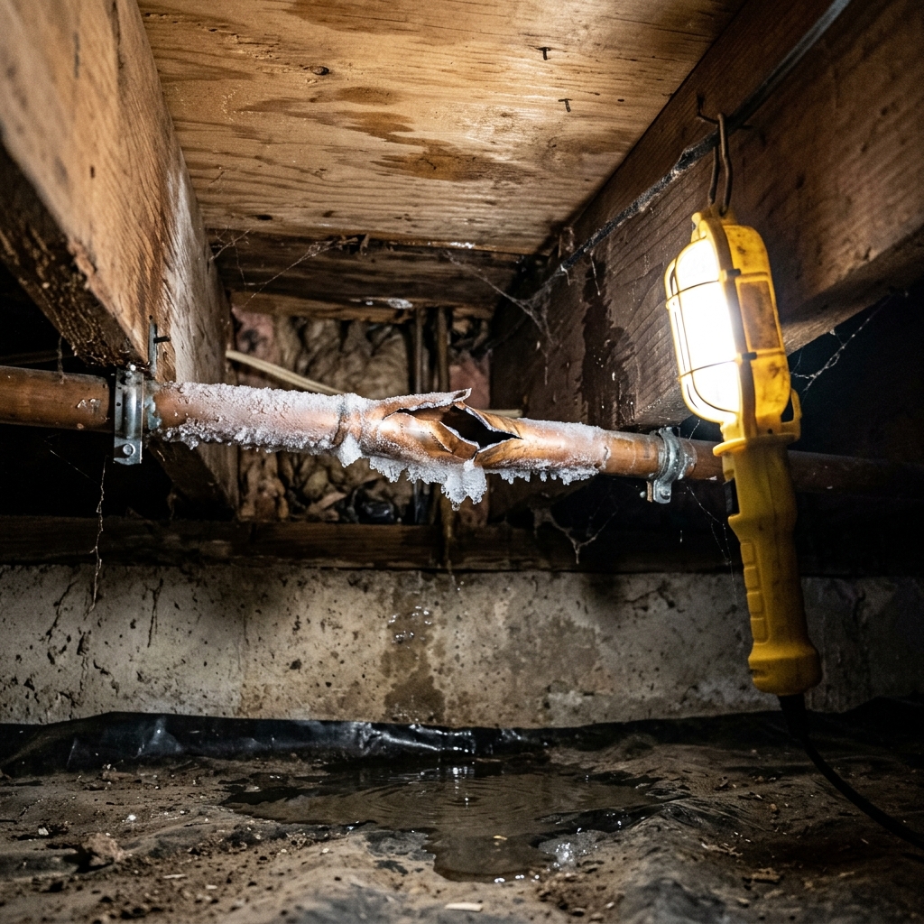 A frozen, burst copper pipe in a crawl space, a common winter risk in Wilmington