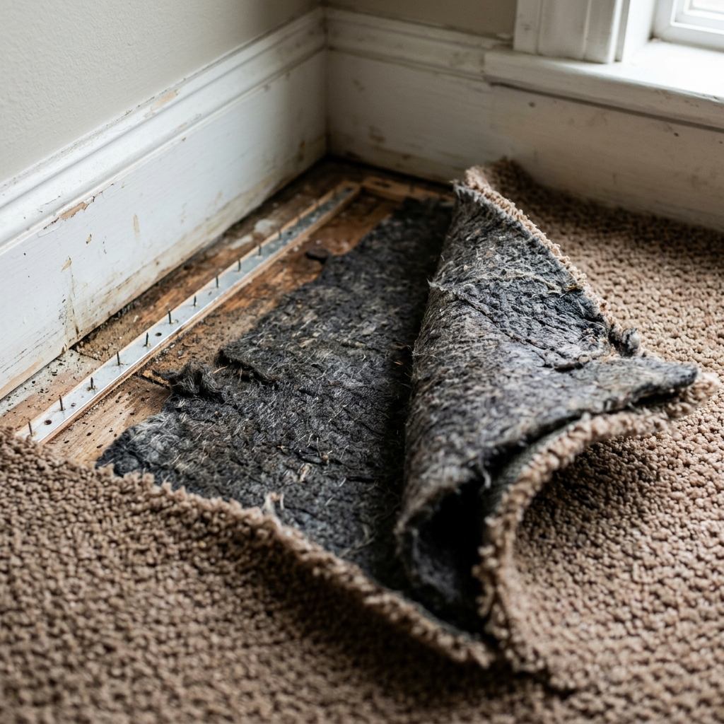 Water damaged carpet peeled back from the tack strip, illustrated in Wilmington