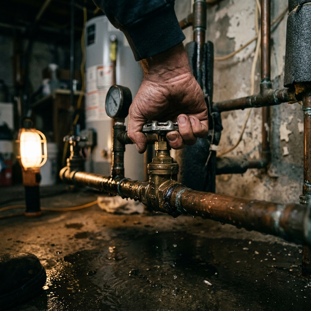 A hand shutting off a residential water valve during a water damage emergency in Wilmington