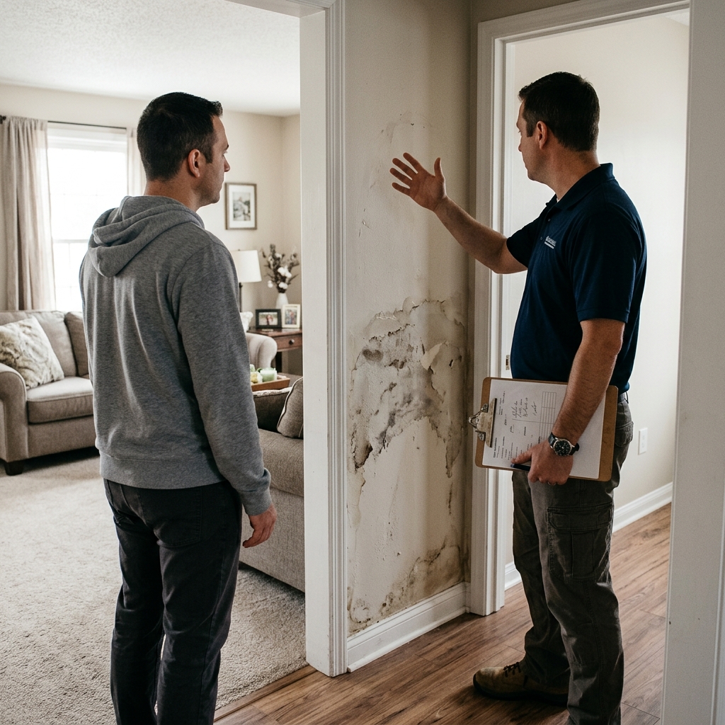 A technician consulting with a homeowner about water damage restoration in Wilmington