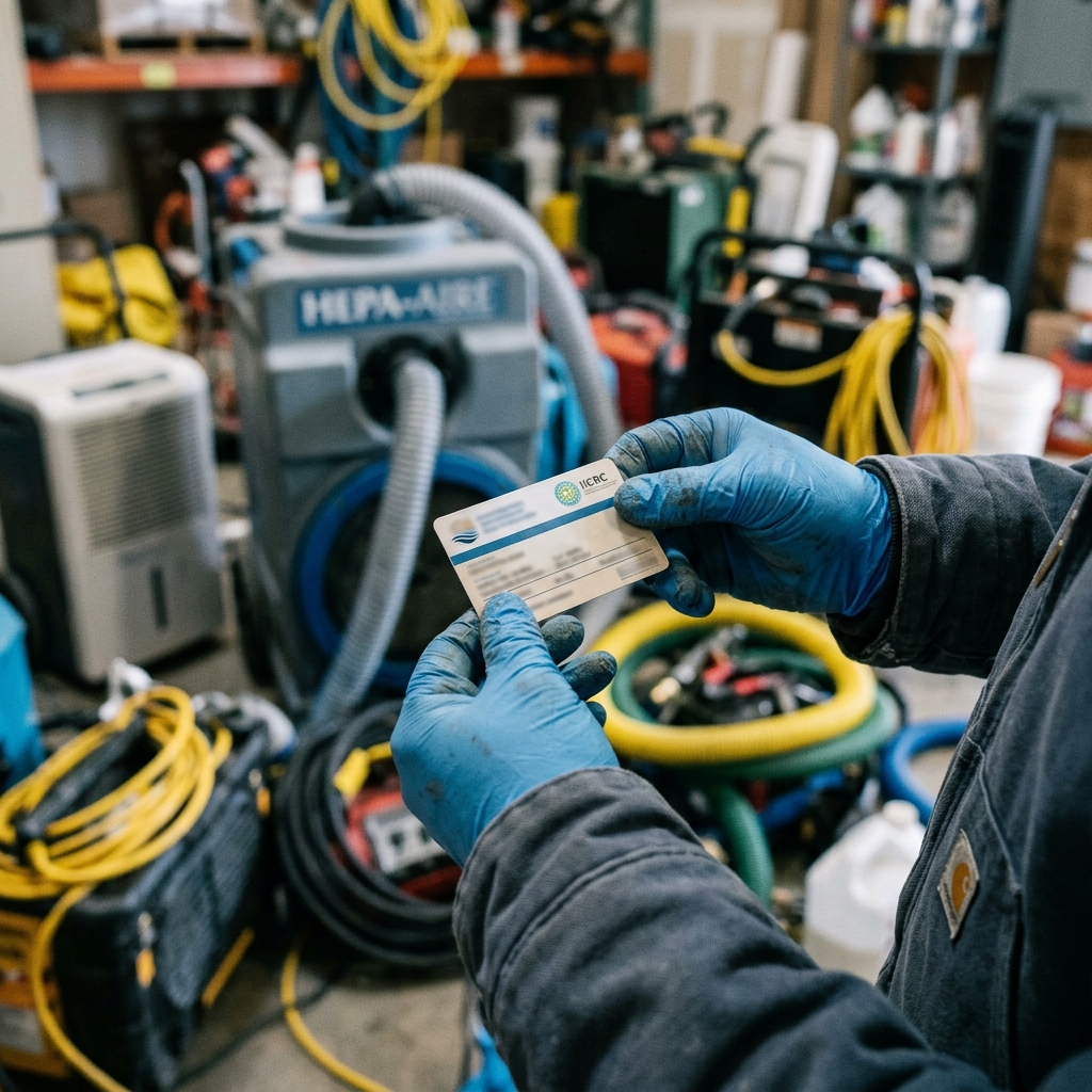 An IICRC certification card held by a restoration technician in Wilmington