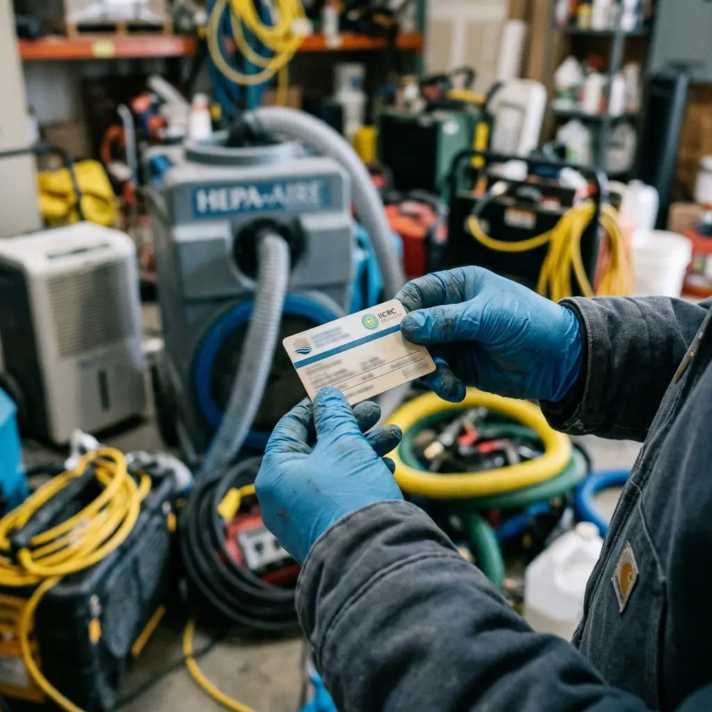 An IICRC certification card held by a restoration technician in Wilmington