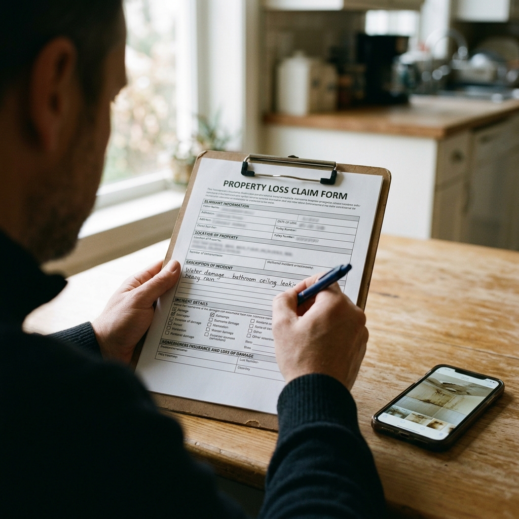 A homeowner filling out a water damage insurance claim form in Wilmington