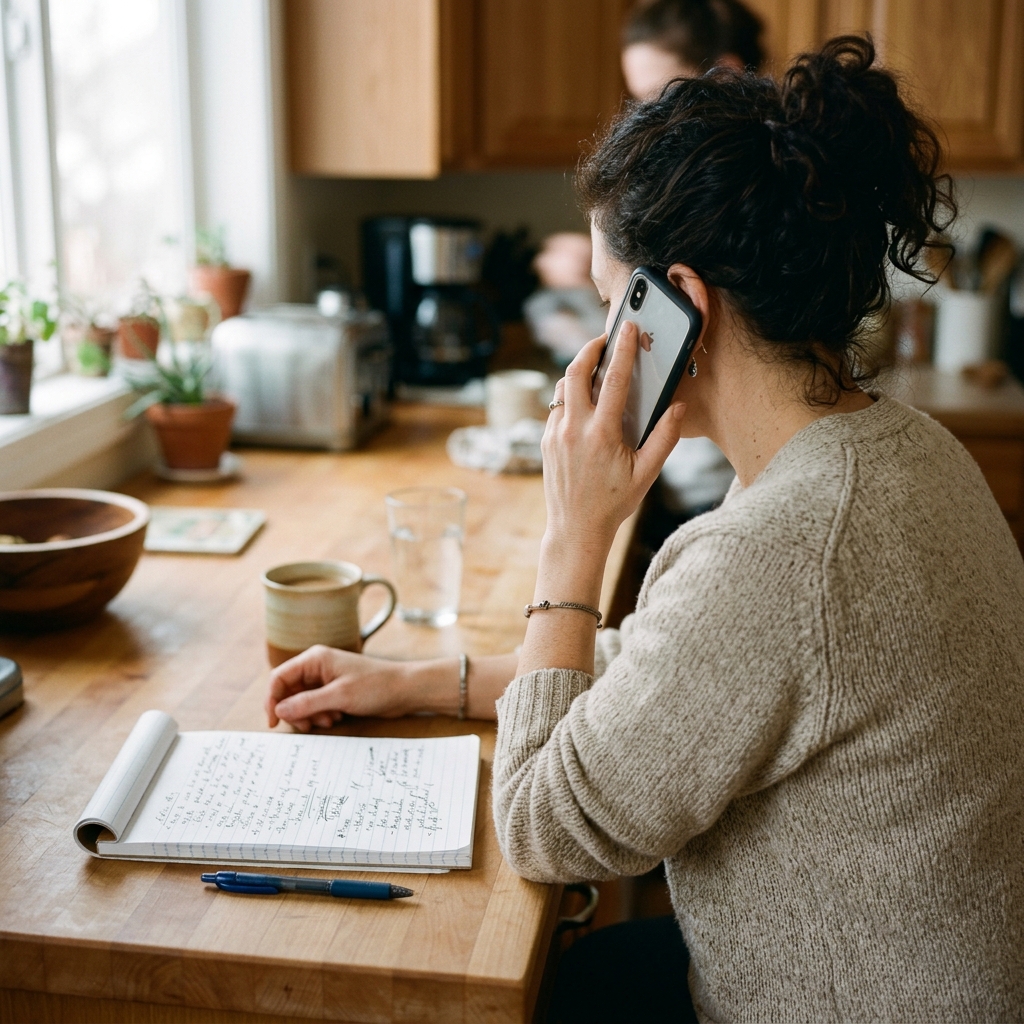 A homeowner taking notes on the phone before hiring a water damage contractor in Wilmington