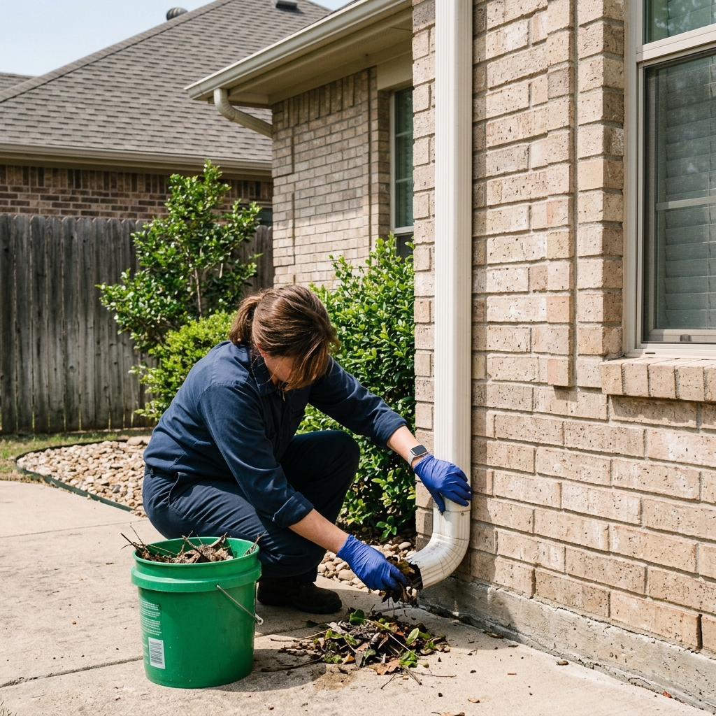 A homeowner clearing a gutter downspout as preventive maintenance in Wilmington