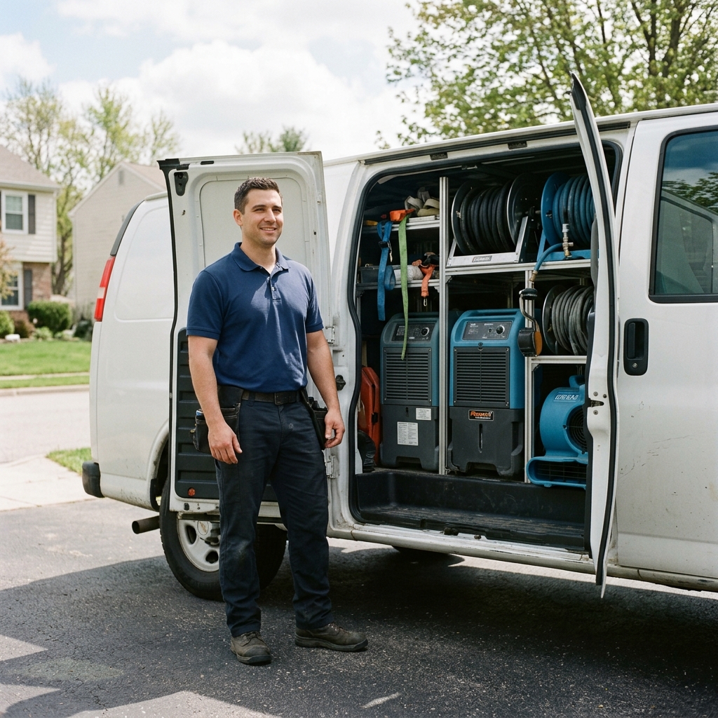 A water damage restoration technician in Wilmington, ready to respond with fully equipped service vehicles