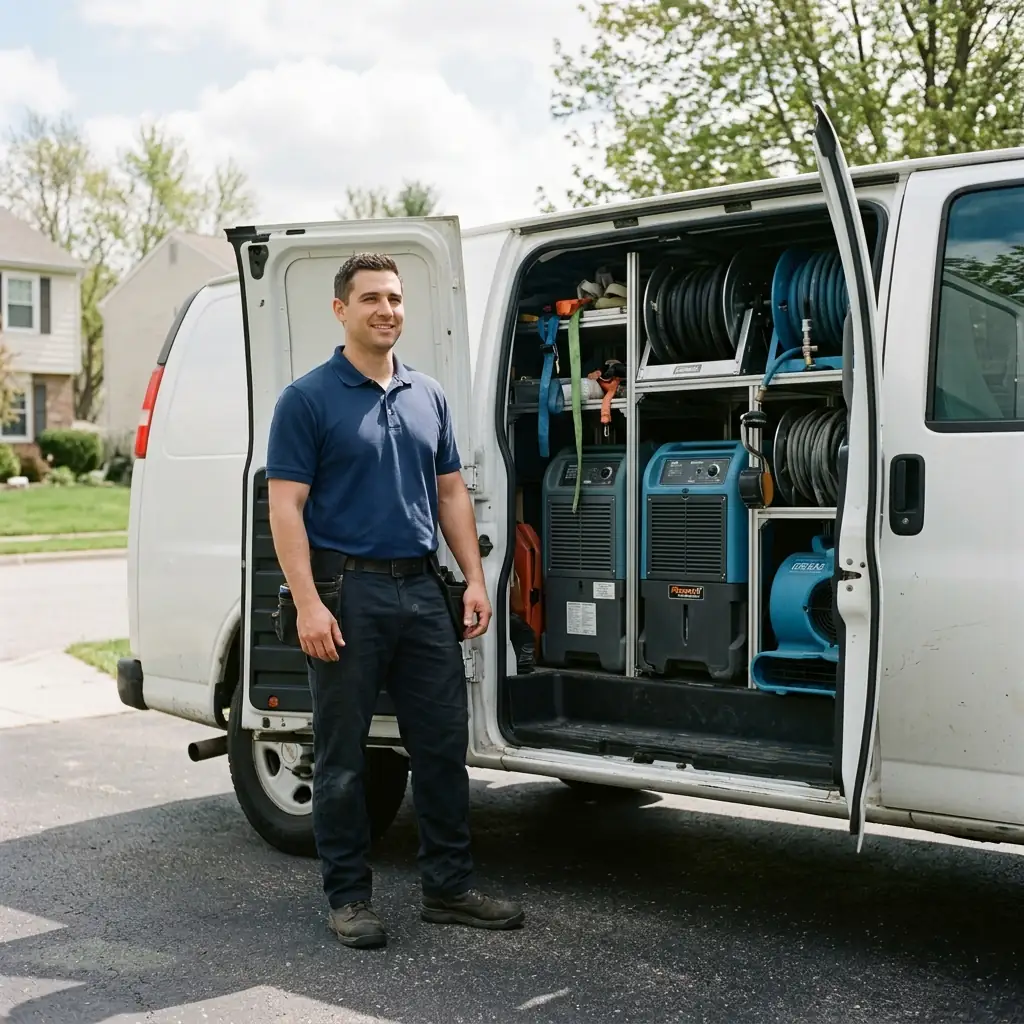 A water damage restoration technician in Wilmington, ready to respond with fully equipped service vehicles